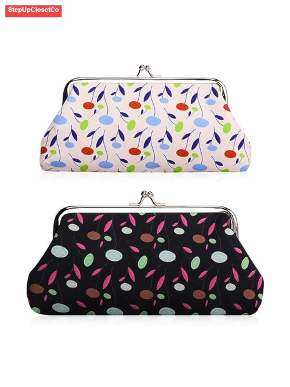 2 Pack Vintage Floral Coin Purse Kiss Lock Clasp Canvas Clutch